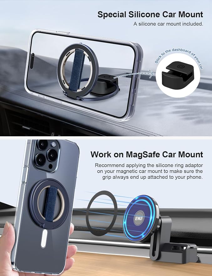 EWA MagOne Ultra for Magsafe Phone Grip Kickstand [Replaceable Elastic Finger Loop], Mag Safe Ring Holder Stand, Two-Sided Magnetic Phone Accessories for iPhone 17,16,15,14,13,12 Pro/Max/Plus-Blue