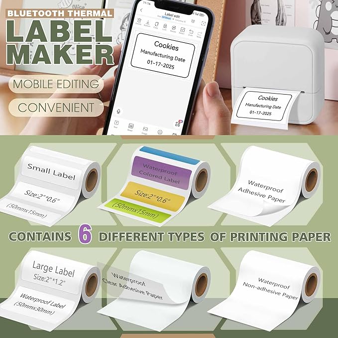 KEEPHOPE Label Maker Machine with 6 Tapes, Thermal Label Maker, Portable Mini Bluetooth Label Printer with Clear Tape for Home, Kitchen, School White
