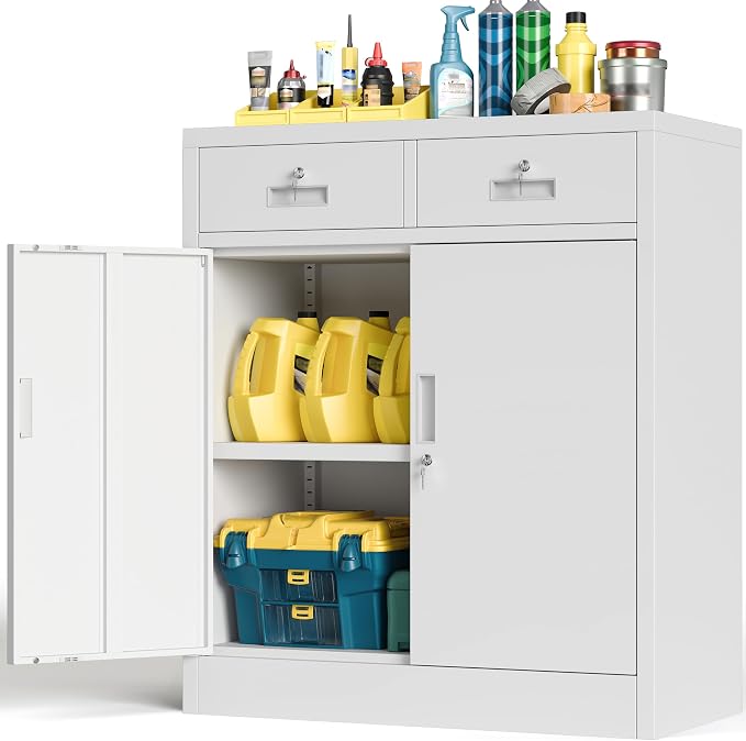 BESFUR Metal Storage Cabinet, Locking Storage Cabinet with Doors and Shelves, Reinforced Heavy Duty Metal Cabinets with Drawers for Office, Home, Garage (White)