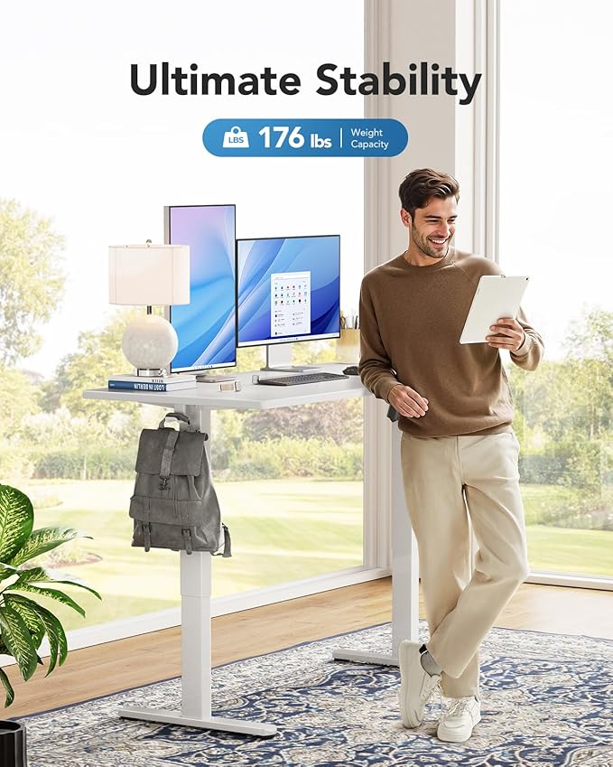 HUANUO Electric Standing Desk, Whole Piece Desktop, Adjustable Height Computer Desk, 4 Height Memory Settings, Sit Stand Up Desk for Home Office, 55" x 27", White