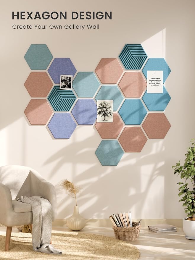 Fluxynara 10-Pack Hexagon Cork Board Alternative, Coastal Haze | Felt Bulletin Board with 50 Adhesive Tabs, Ideal for Vision Boards and Wall Decor in Homes, Offices, Classrooms, and Dorms