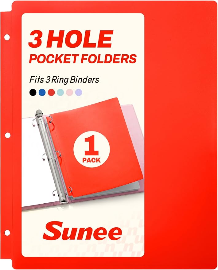 SUNEE 3 Hole Pocket Folders (1 Pack, Red), Plastic Pocket Folders for 3 Ring Binder, 3-Hole Punched Folder with Pockets, for Kids, Students, Teachers, Office Staff