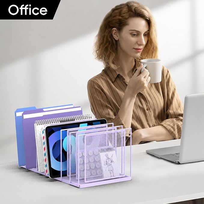 File Organizer for Desk, 7-Section Vertical File Sorter, Paper Holder Organizer Standing Metal File Folder for Office Home Classroom, Purple