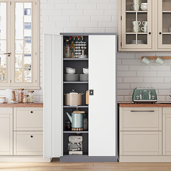 Fesbos Metal Storage Cabinet-72” Tall Steel File Cabinets with Lockable Doors and Adjustable Shelves-White&Gray Steel Storage Cabinet for Home Kitchen, Office, Garage