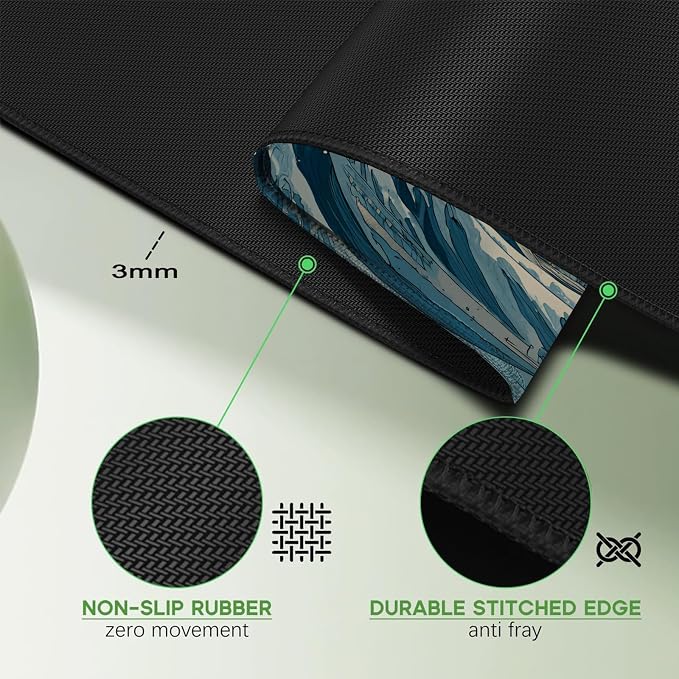 Kanagawa Wave Surfing Mouse Pad, Large Great Mount Fuji 31.5"x11.8" | Japanese Sea Anime Desk Mat, Sewn Edges, Microwoven Fabric,Easy to Clean, Suitable for Laptop Gaming