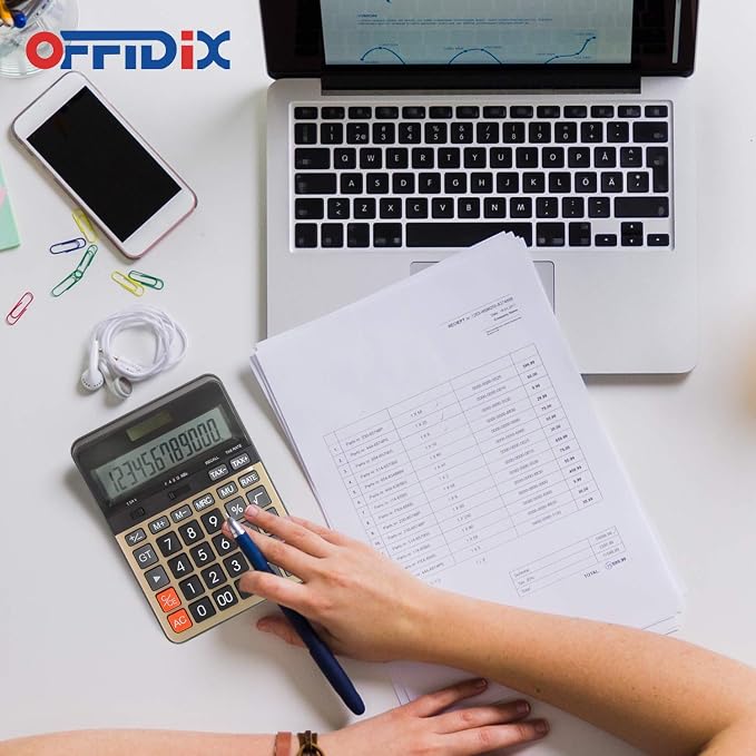 OFFIDIX Big Number Office Calculator with Large LCD Display, Dual Power ﻿ ﻿ | Ultra-Clear 12-Digit Display with Solar/Battery, Big number reading with large LCD screen. Solar-powered for daily