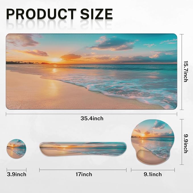 Arttown Keyboard Mouse Pad Set, 4 in 1 Desk Mat Set Ocean Beach | Summer Sea Wave Large Mousepad+Keyboard Wrist Rest+Mouse Wrist Rest+Coaster Ergonomic Design for Home Office Computer