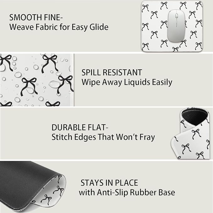 Mouse Pad for Desk with Stitched Edge, Premium Cute Washable Mouse Pads. Computer Mousepad with Non-Slip Rubber Base, Mousepads for Laptop, 9.25x7.75x0.12 inch (Black Bow)