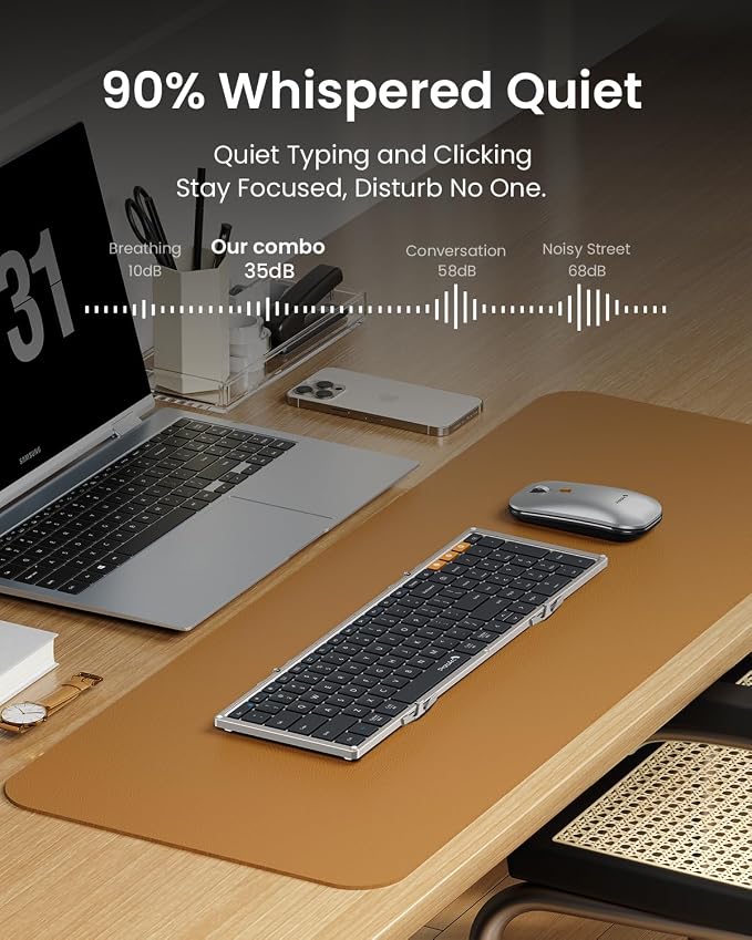 ProtoArc XKM01 Full-Size Foldable Keyboard Mouse for Travel - Black Silver | 105-key keyboard, slim mouse, hard case and phone stand; 3-device Bluetooth & 2.4G switching, for travel office use