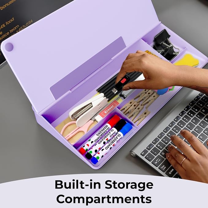 Chalkola Lavender Glass Desktop Whiteboard with Storage + 3 Markers | Dry Erase Board, Work Desk Organizers, Computer Keyboard Stand, Home Office Supplies for Women, Accessories, Workspace Buddy