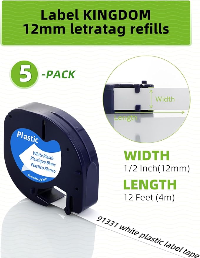Label KINGDOM Compatible with Dymo Label Maker Refills 91331 S0721660 White Plastic Label Tape 12mm x 4m (1/2" x 13') for Label Maker 200B LT100H LT100T LT110T, 15 Pack