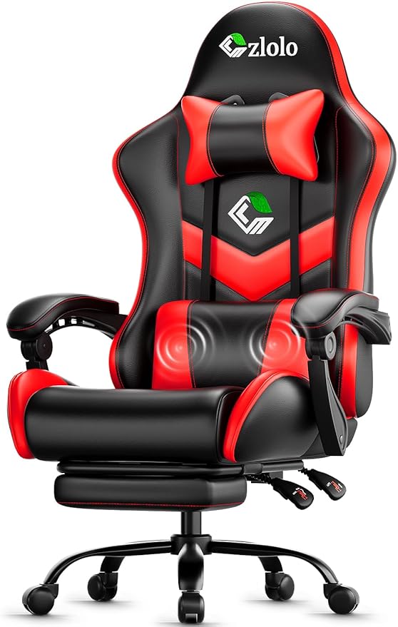 Gaming Chair, Ergonomic Office Computer Chair with Footrest and Lumbar Support Massager Racing Style High Back Video Gamer Chair, Wide＆Thick Cushion, 90°-135° Recline, Adjustable Height, Red
