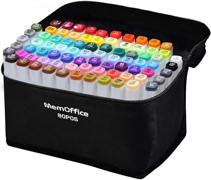 MemOffice Alcohol Markers, 80 Vibrant Colors, Dual Tip Art Markers Set | Adults, Beginners, Coloring, Drawing, Sketching, Seamless Blending, Quick-Drying Ink, Fine & Broad Tips, Color-Coded Caps