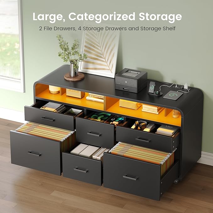 SEDETA 6 Drawers File Cabinet with Power Strip fits Legal/Letter/A4 Size | 47" Wood Mobile Lateral Filing Cabinet for Home Office, Printer Stand with Storage Shelf and Led Lights, Black
