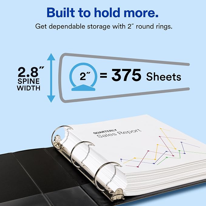 Avery Standard View 3 Ring Binder, 2" Round Rings, 1 White Binder | For School, Home and Everyday Organization, Clear View Covers, Two Interior Pockets, Nonstick Material, Lay-Flat Pages