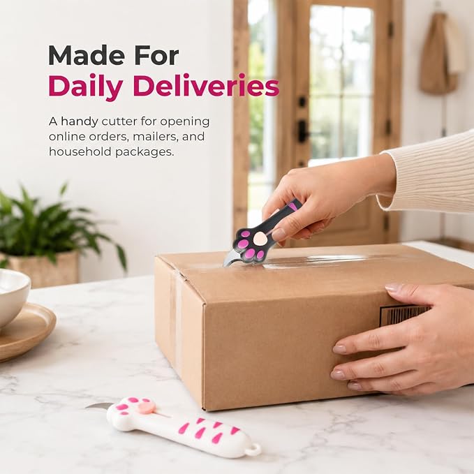2 PCS Cat Paw Box Cutter, Retractable Cat Claw Knife with Safety Lock, Cat Paper Cutter with Ergonomic Claw Handle, Stainless Steel Blade for Opening Packages, Cartons & Tape