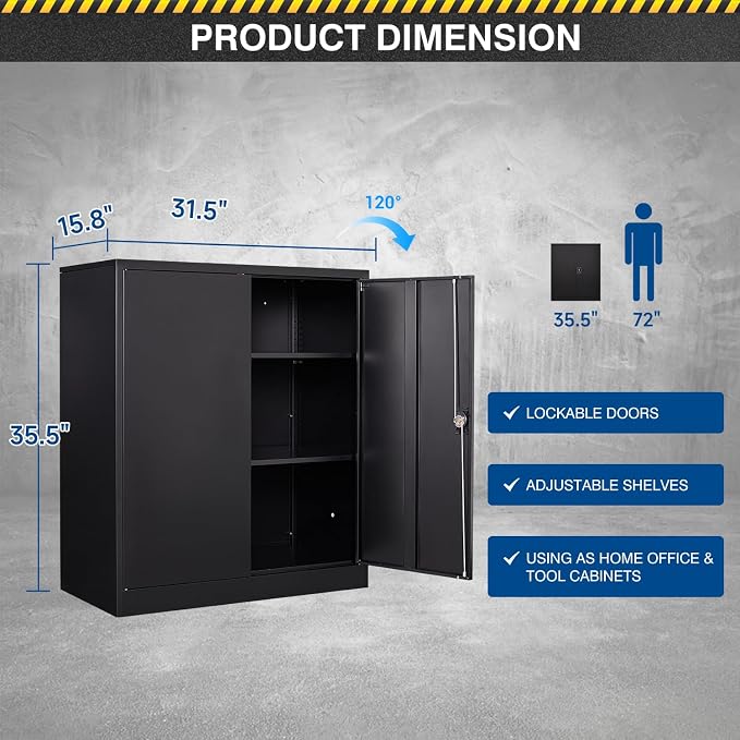 Fesbos Metal Storage Cabinet-36” Tall Steel File Cabinets with Lockable Doors and Adjustable Shelves-Black Steel Storage Cabinet for Home Office, School, Garage