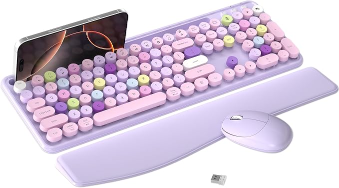 Wireless Keyboard and Mouse Combo with Phone Holder (Purple) | MPTOG Colorful Typewriter Keys with Wrist Rest, , 2.4GHz Wireless, Full-Sized Optical Mouse for PC and Laptop