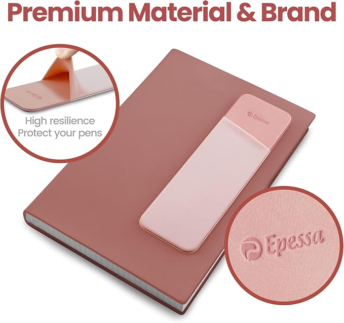 Epessa Stick-On Pen Holder for Notebook, Adhesive Pencil Sleeve Pouch for Hardcover Journals, Planners, Notebooks, Reusable Pen Pocket Organizer Easy to Remove (Pink)