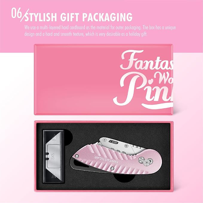 FantastiCAR Folding Utility Knife, Sturdy Metal Box Cutter with Extra 5 Blades, Quick Blade Change, Anti-slip Safety Lock, and Preminium Gift Packaging, for Cardboard Opener, Paper Cutter (Pink) | Anti-slip Sturdy Knife Body, Quick Blade Change, Premiu...