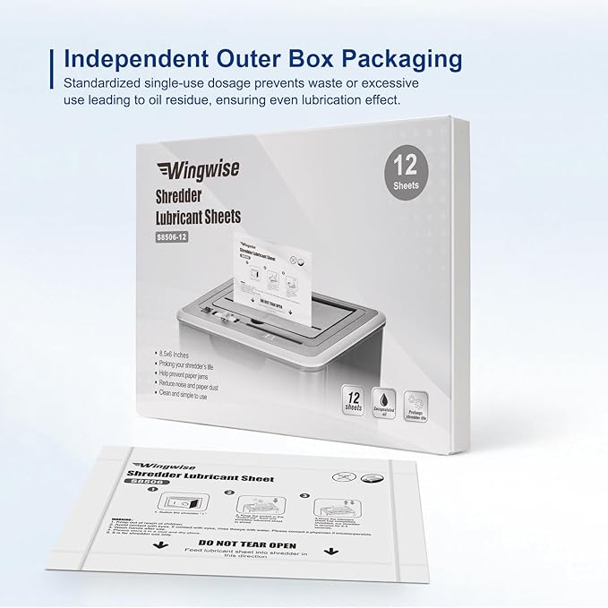12-Pack Shredder Lubricant Sheets, 8.5 x 6 Inches, Sharpens Blades & Reduces Jams, Mess-Free Maintenance for All Shredders
