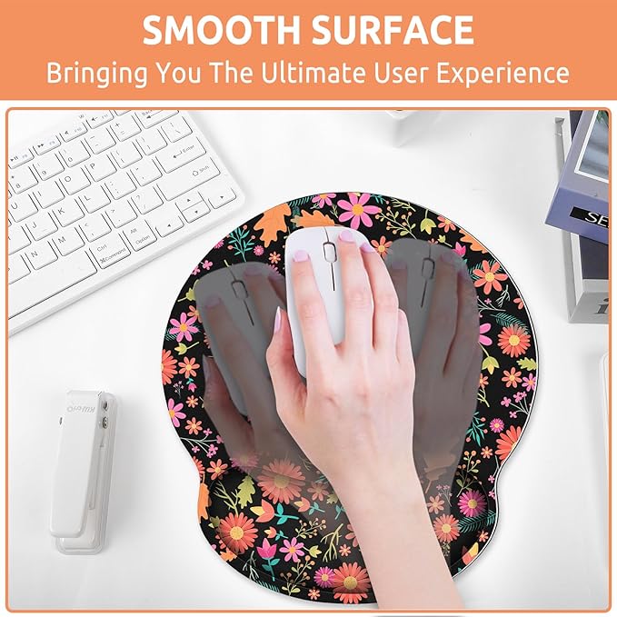Ergonomic Mouse Pad with Wrist Rest, Small Mousepad with Non-Slip Rubber Base and Smooth Surface, Black Flowers Mouse Pads for Desk, Office Desk Accessories