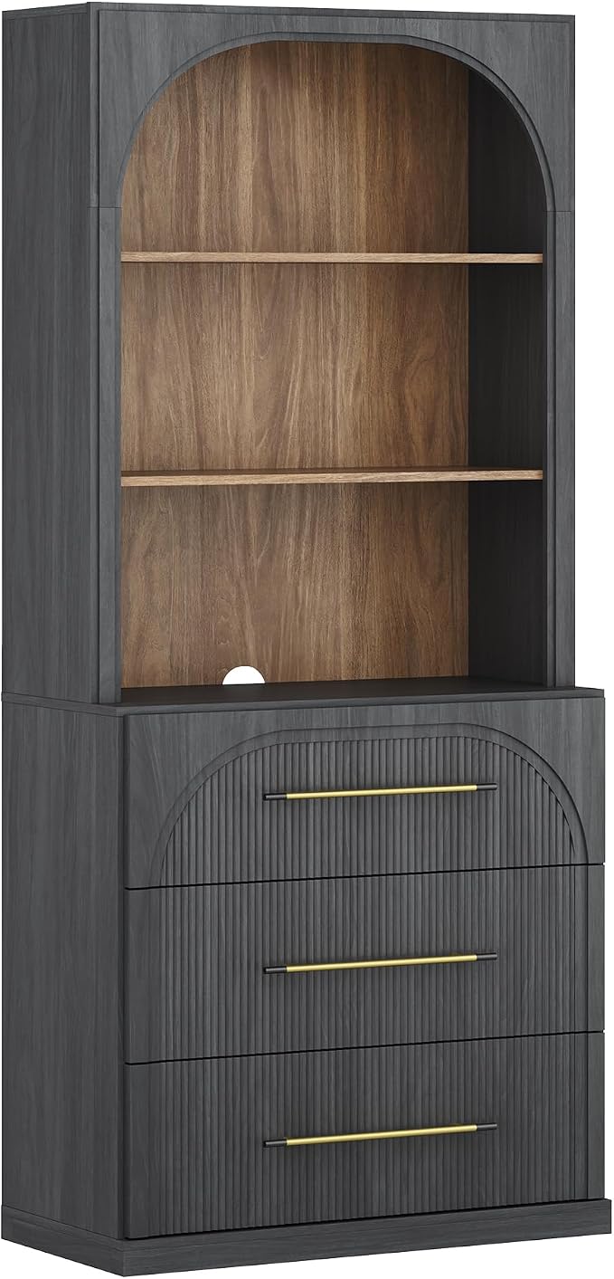 BELLEZE Display Storage Cabinet with Hutch, 72" Tall Wood Modern Bookshelf with 3 Drawers, Cabinet for Office, Study, Kitchen, Dining Living Room, Ebony