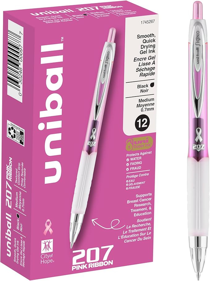uniball™ 207 Pink Ribbon Gel Pens, Medium Point (0.7mm), Black, 12 Pack | Supports City of Hope, fraud-resistant uni Super Ink, water & fade-resistant, textured rubber grip