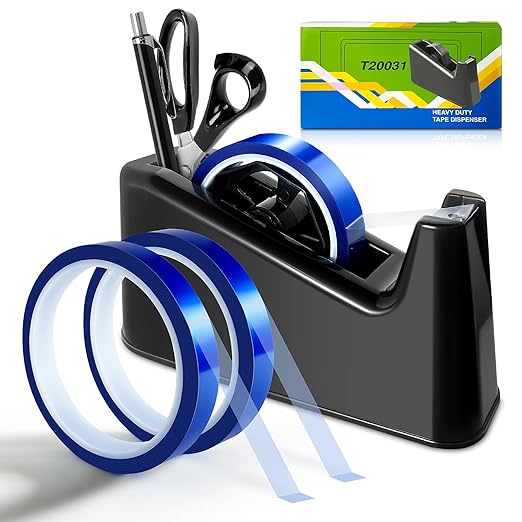 Large Heat Tape Dispenser, Heavy Duty Heat Transfer Tape Dispenser,Painters Tape Dispenser & 10mm x 33M Transparent Blue Heat Tapes Sets Sublimation Tape Holder with Cutter Tape Dispenser