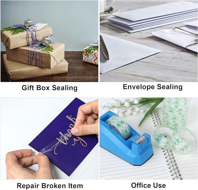 BOMEI PACK Tape Dispensers Desk, 1 Pack Blue with 6Rolls Transparent Tape Refills, 1 Inch Core, for Gift Wrapping, School, Office and Home