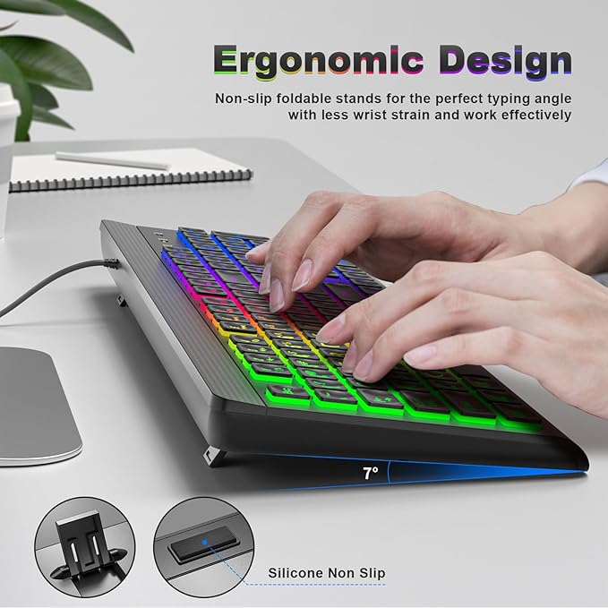 Computer Keyboard Wired, Plug and Play USB Retro Round Typewriter Keyboard, Full Size Wired Keyboard with Foldable Stands for Laptop and Office PC