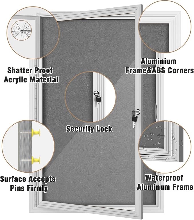 Mifuro 36"x24" Enclosed Bulletin Board, Outdoor Lockable Weather-Resistant Aluminum Cork Noticeboard for School & Office, Silver Frame w/Grey Flet