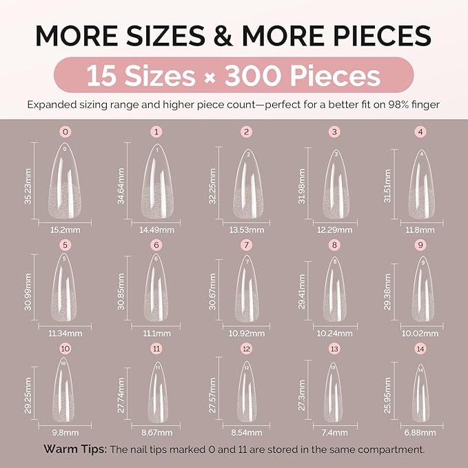 MelodySusie Stiletto X Nail Tips - 300Pcs 15 Sizes Clear Acrylic, Half Matte Full Cover Press on Nails for DIY Extension & Salon Use,Pre-Shaped for Long-Lasting Manicure
