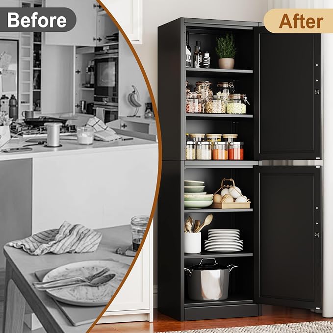 Tall Metal Narrow Bathroom Storage Locker Cabinet 67" H,Black Kitchen Pantry Cabinets with 4 Adjustable Shelves and 2 Lockable Doors,File Cabinet Organizer for Kitchen Home Office Living Dining Room