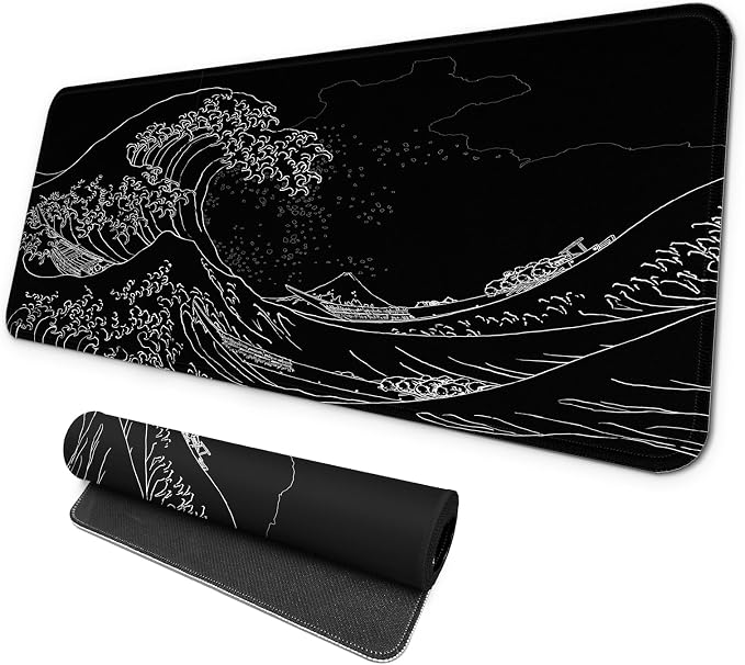 MAY FLOWER Large Gaming Mouse Pad, Full Keyboard Mat, Long Laptop Mousepad, Computer Mouse Mat for Home and Office, Anti-Slip Rubber Base, 31.5 x 11.8 Inches (Black Sea Wave)