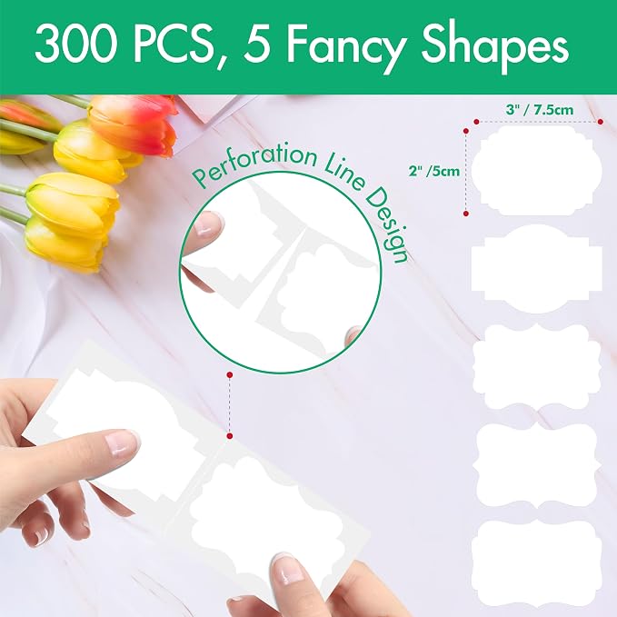 300 PCS White Stickers, 5 Shape Water/Oil/Tear Resistant Blank Stickers Removable with no Residue for Name Tags, File Folders, Food Jars, Gift Tags, Home Office Business Uses (2” x 3”) ﻿ (Pack of 2)