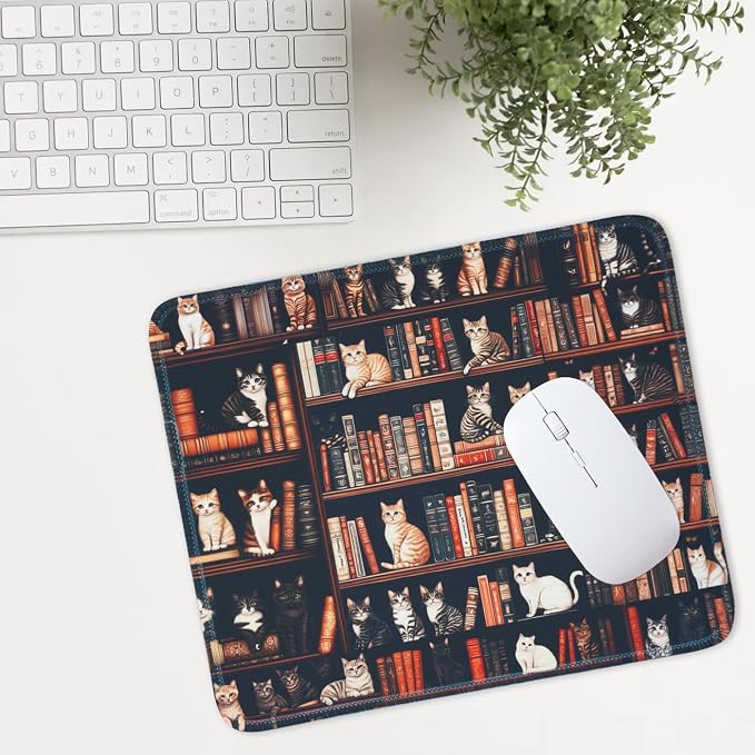 Mouse Pad for Desk with Stitched Edge, Premium Cute Washable Mouse Pads. Computer Mousepad with Non-Slip Rubber Base, Mousepads for Laptop, 9.25x7.75x0.12 inch (Cat Library)