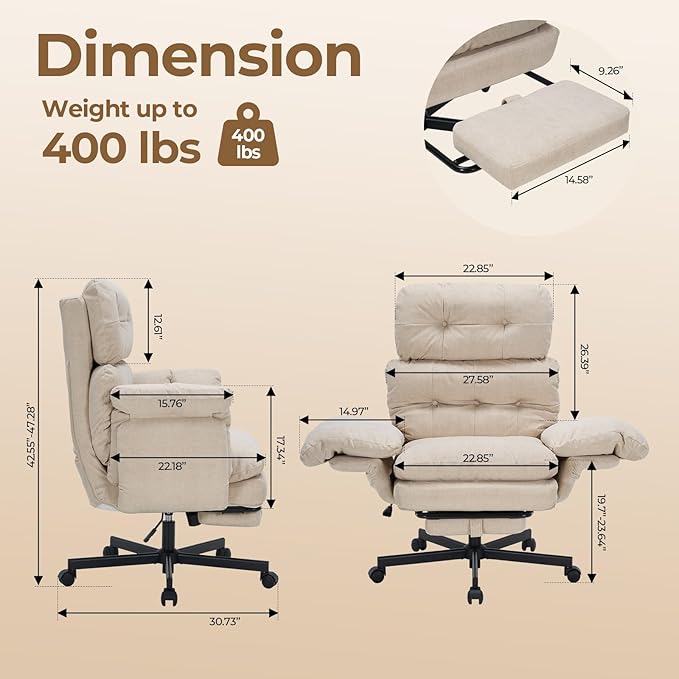 Criss Cross Office Chair with Foot Rest, Big and Tall Office Desk Chair with Flip Armrests for Pets & Cross Legged Sitting, Comfy Executive Ergonomic Reclining Computer Gaming Vanity Chair, White