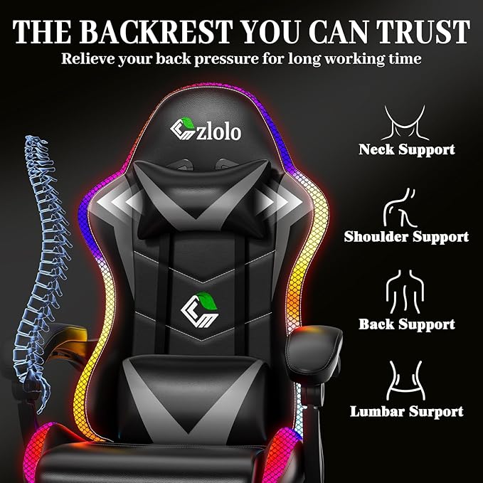 Gaming Chair, RGB LED Lights Computer Chair with Footrest, Lumbar Support Massager Gamer Chair, High Back, 90-135° Reclining, Linkage Armrests, Gray