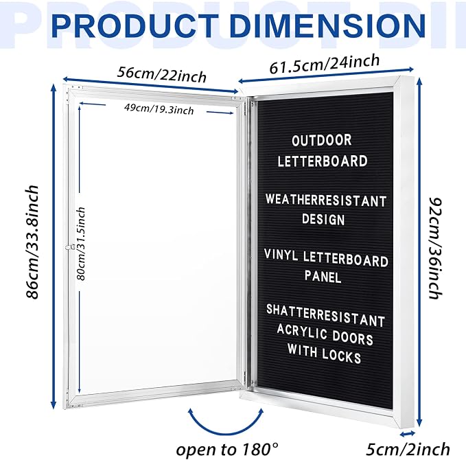 SWANCROWN 36x24 in Outdoor Bulletin Board, Enclosed Letterboard Felt Board | Weatherproof, Tamperproof, Silver Aluminum Frame, with Changeable Letters, Large Message Center for Wall Office Business