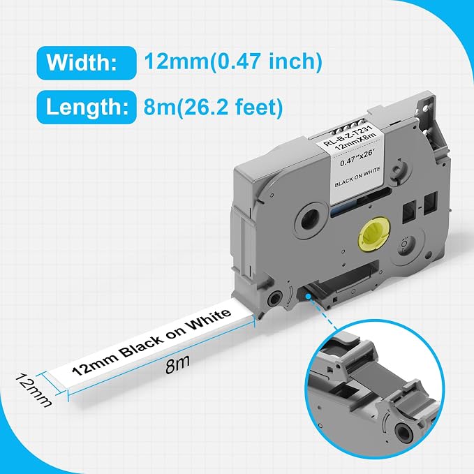 TZe-231 Compatible Lable Tape 12mm 0.47 Laminated White for Brother P-Touch | Label Maker Tape for Brother P touch PT-D200 PT-D210 PT-D220 PT-D400, ideal for home, office and garage labeling, 4 Pack