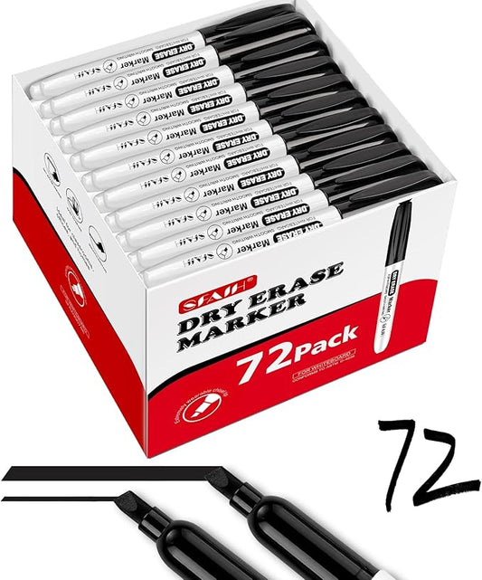 SFAIH Dry Erase Markers Whiteboard Markers, 72 Pack, Chisel Tip, Black, Versatile Lines, Low Odor, 1s Quickly Dry, Perfect for School Supplies and Office