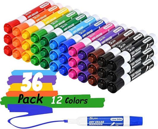 SUIN Dry Erase Markers, Chisel Tip Whiteboard Markers for Classroom and Office, Broad & Fine Lines, Wipe Clean & Ghost-Free, Works on Glass and Laminated Sleeves, Assorted 12 Colors, 36 Count