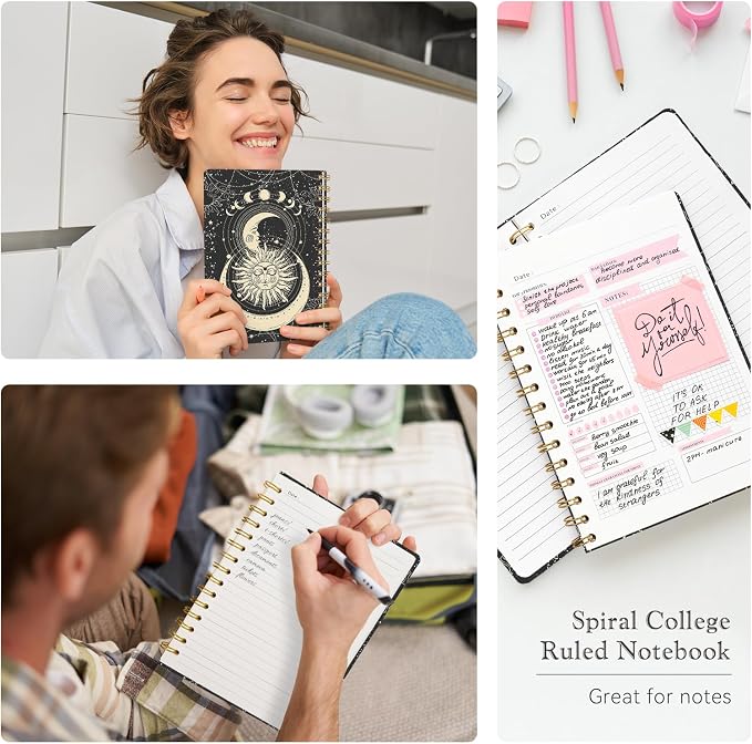Lined Spiral Journal Notebook for Work A5, 160 Pages, Sun Star | College Ruled Spiral Journal for Women, Hardcover with Elegant Design for Note-Taking, 5.5 * 8.25 inch