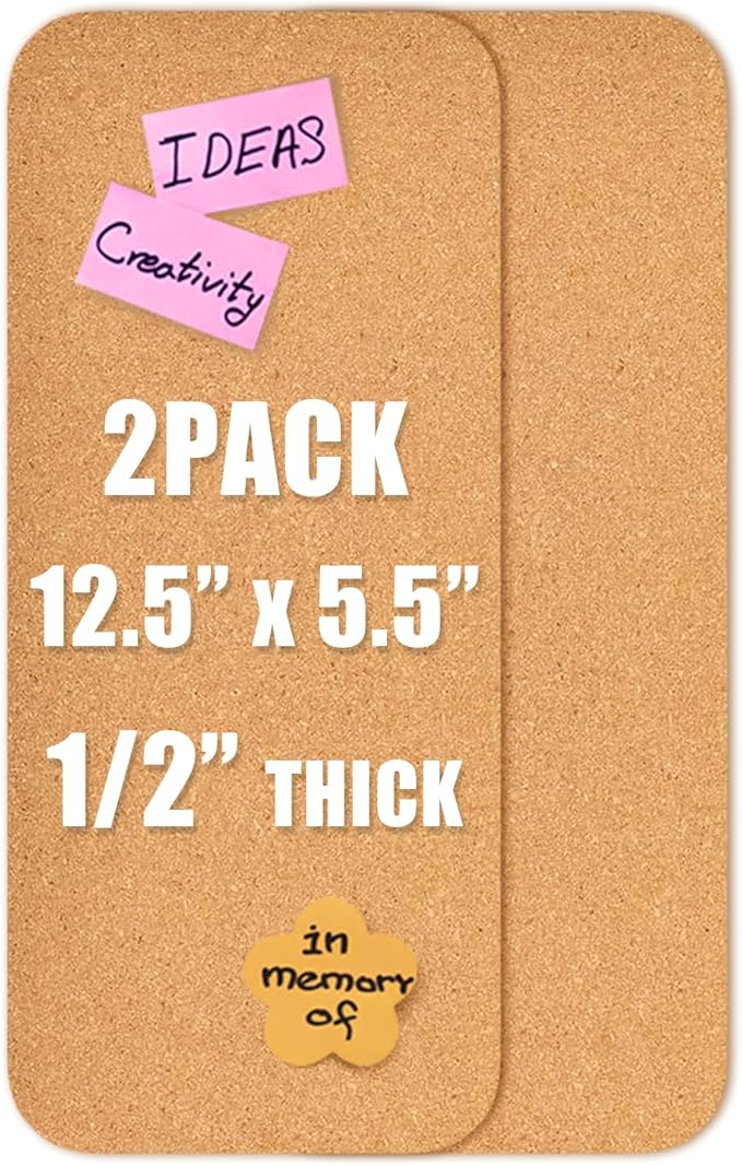 2 PCS 12.5"*5.5" Self-Adhesive Cork Board, 1/2"(12mm) Thick Cork Boards for Walls, 1 Pack 12.5"*5.5" Bulletin Board, Cork Board Tiles for Office, Home, School (2PC)