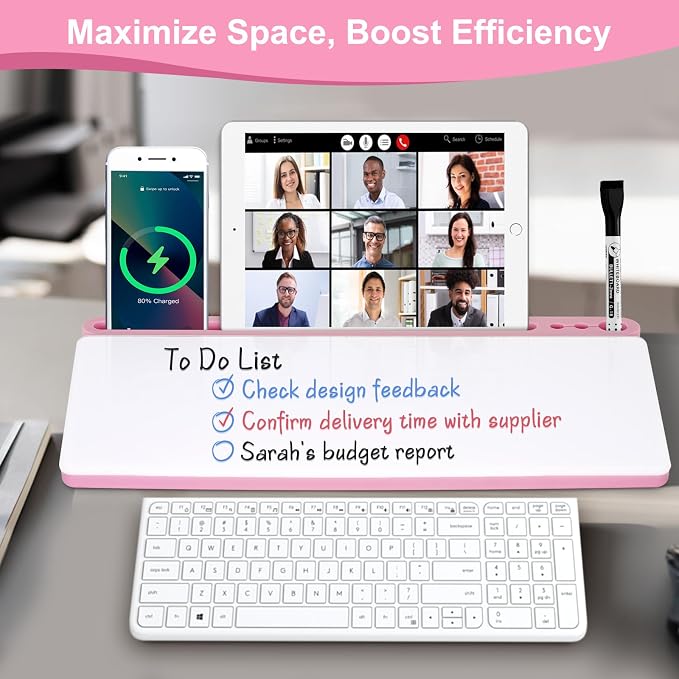 Desktop Glass Whiteboard with Storage, Desk Dry Erase White Board Pink | Computer Keyboard Stand, Office Desk Organizers and Accessories with Drawer, To Do Memo Notepad, Home School Supplies