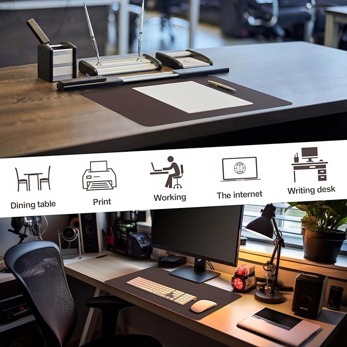 Tegeme Leather Desk Mat Large Desk Pad 23.6 x 13.7 Inch Non Slip Table Protector with Stitched Edges and Rubber Base Dark Brown Stylish Workspace Accessory Laptop Mat Smooth Writing for Home Office