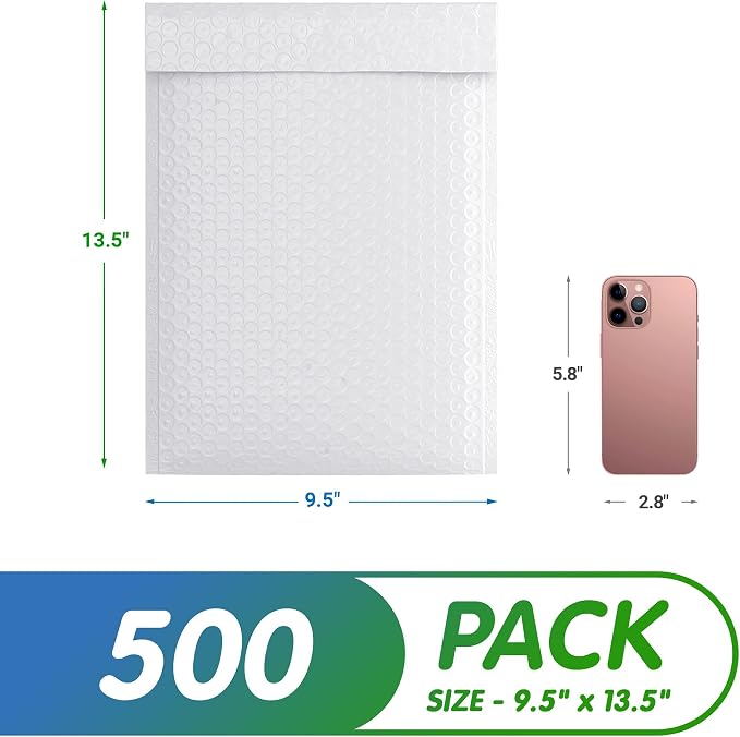 Poly Bubble Mailers, 9.5 x 13.5 Inch White Padded Mailers, Self Seal Shipping Envelopes, Lightweight Poly Mailer Bags, Waterproof Mailing Bags, Pack of 500