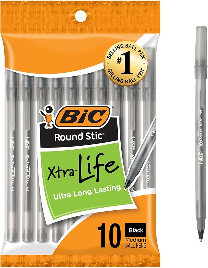 BIC Round Stic Black Ballpoint Pens, Medium Point, 1.0mm, 10-Count | Bulk Pack for Office or School, Flexible Round Barrel for Comfort, Smooth Ink for Consistent Writing, Dependable Performance