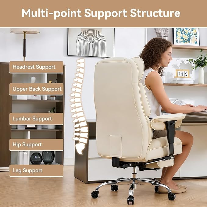 Efomao Executive Office Chair, Beige Fabric Big and Tall Desk Chair | Breathable fabric, pocket spring & foam seat, retractable footrest, 135° recline for computer gaming setup